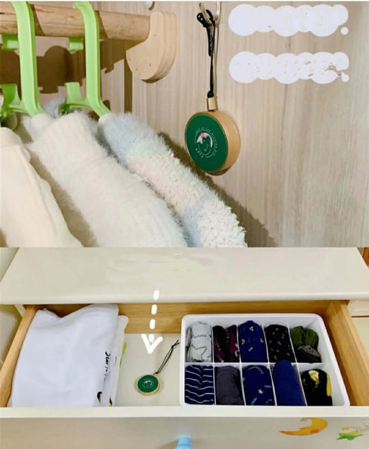 Indoor/Home/Car/Wardrobe Incense hanging in a closet and drawer, showcasing KUGG wind chime perfume fragrance.