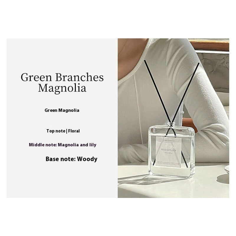 Plant-Inspired Indoor Bedroom Fragrance in a clear diffuser with black sticks and floral notes.